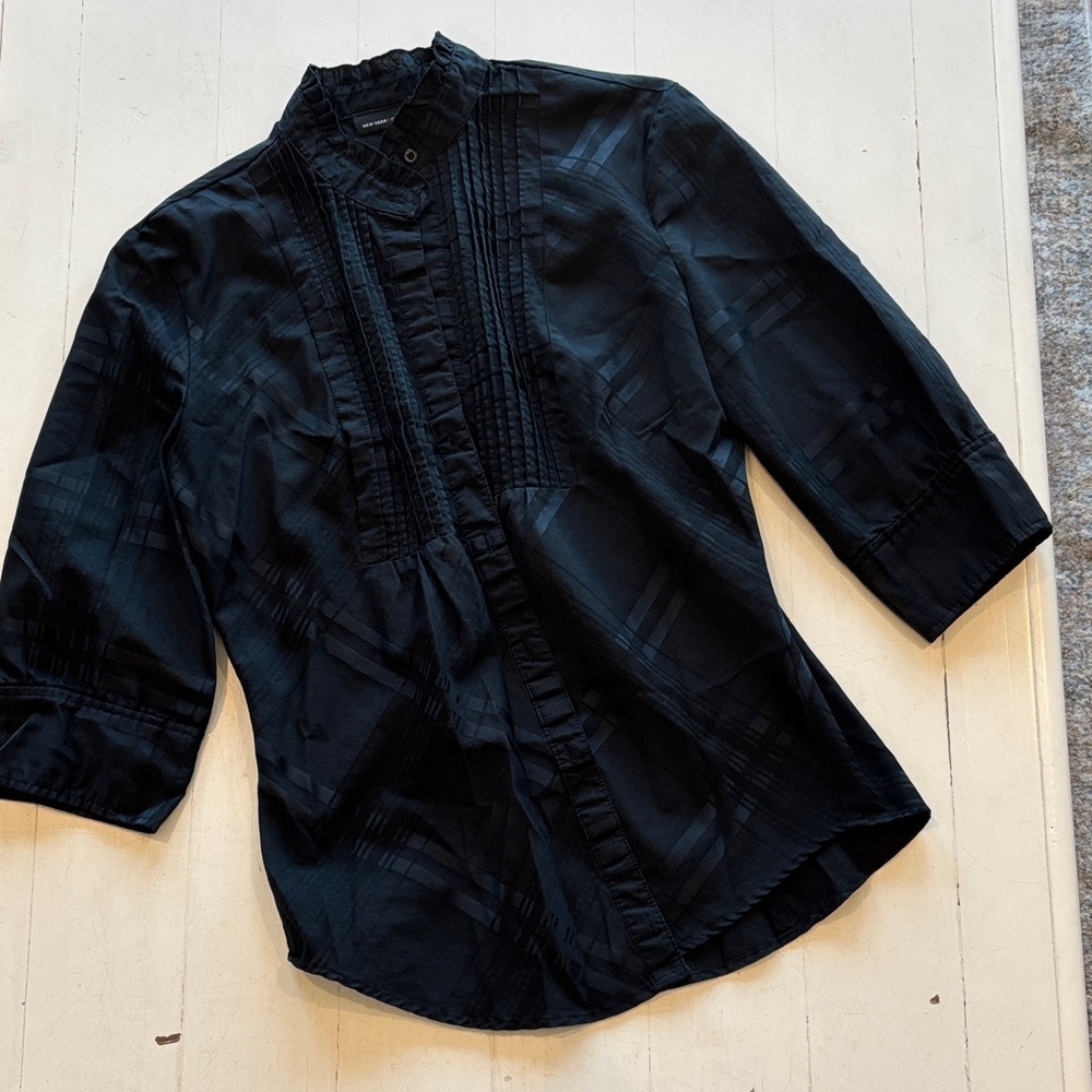 New York & Company Black Ruffled Pintuck Blouse